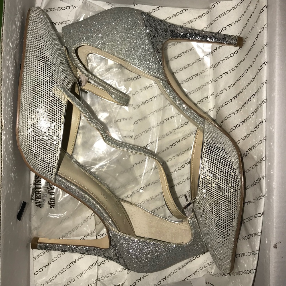 Silver glitter Aldo ankle strap heels